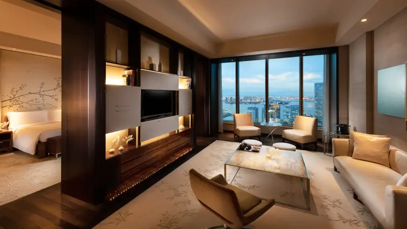 King Deluxe Suite with panoramic Tokyo Bay views at Conrad Tokyo.